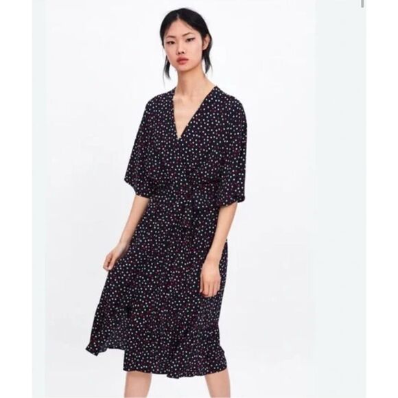 ZARA Dress Size XS Polka Dot Tie Wrap Midi Chic Black Red White V-Neck Ruffle - Picture 14 of 14
